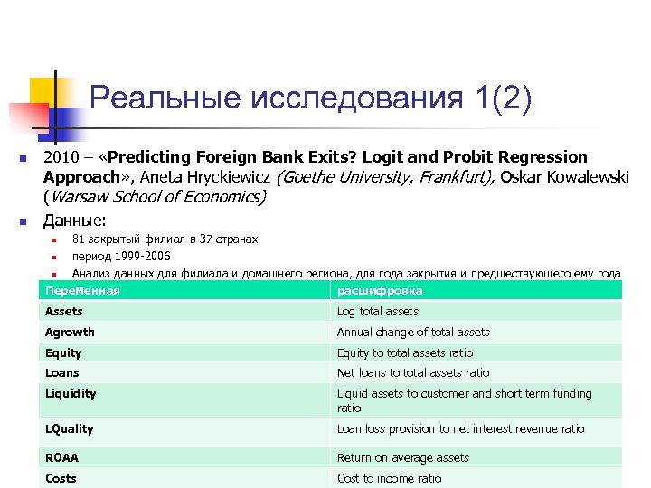 Реальные исследования 1(2) n n 2010 – «Predicting Foreign Bank Exits? Logit and Probit