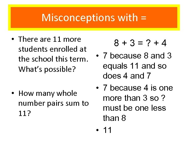Misconceptions with = • There are 11 more 8+3=? +4 students enrolled at the