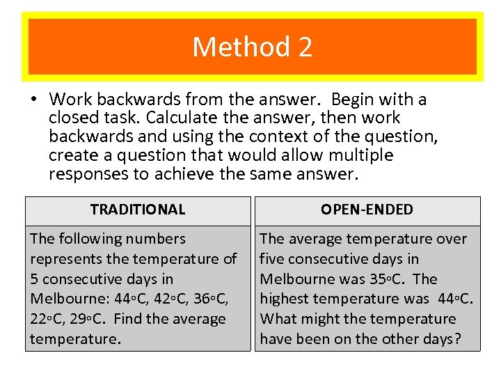 Method 2 • Work backwards from the answer. Begin with a closed task. Calculate