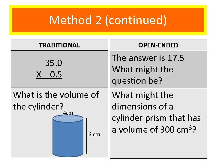 Method 2 (continued) TRADITIONAL OPEN-ENDED 35. 0 X 0. 5 What is the volume