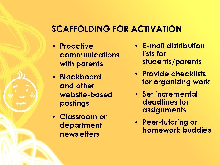 SCAFFOLDING FOR ACTIVATION • Proactive communications with parents • E-mail distribution lists for students/parents