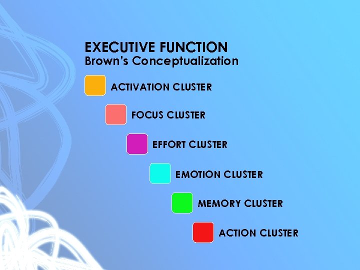 EXECUTIVE FUNCTION Brown’s Conceptualization ACTIVATION CLUSTER FOCUS CLUSTER EFFORT CLUSTER EMOTION CLUSTER MEMORY CLUSTER