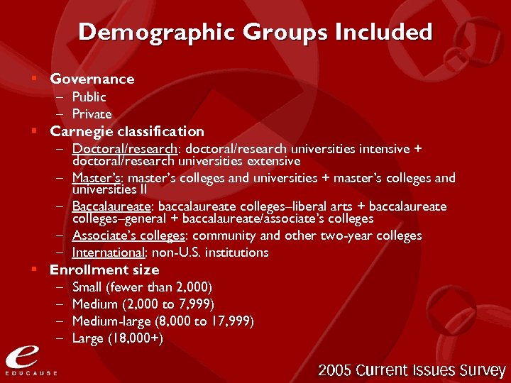 Demographic Groups Included § Governance – Public – Private § Carnegie classification – Doctoral/research: