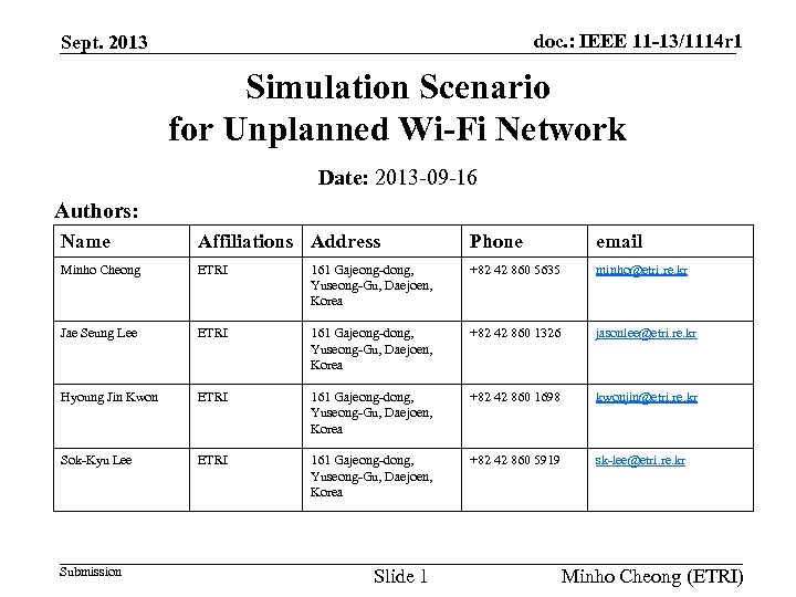 doc. : IEEE 11 -13/1114 r 1 Sept. 2013 Simulation Scenario for Unplanned Wi-Fi