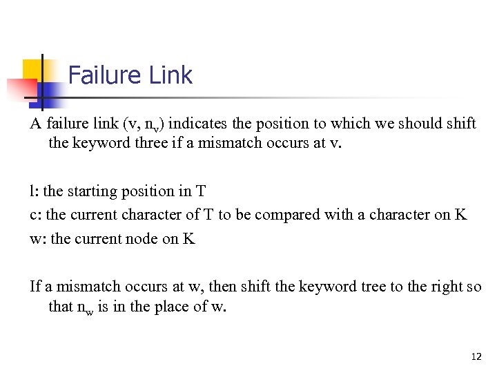 Failure Link A failure link (v, nv) indicates the position to which we should