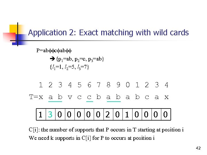 Application 2: Exact matching with wild cards P=abffcfabff {p 1=ab, p 2=c, p 3=ab}