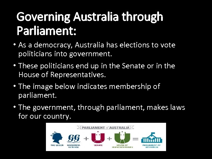 Governing Australia through Parliament: • As a democracy, Australia has elections to vote politicians