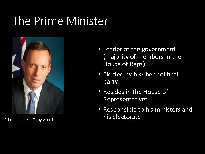 The Prime Minister: Tony Abbott • Leader of the government (majority of members in