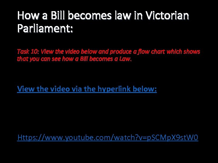 How a Bill becomes law in Victorian Parliament: Task 10: View the video below