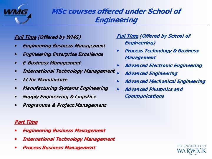 MSc courses offered under School of Engineering Full Time (Offered by WMG) Full Time