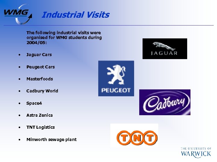 Industrial Visits The following industrial visits were organised for WMG students during 2004/05: •