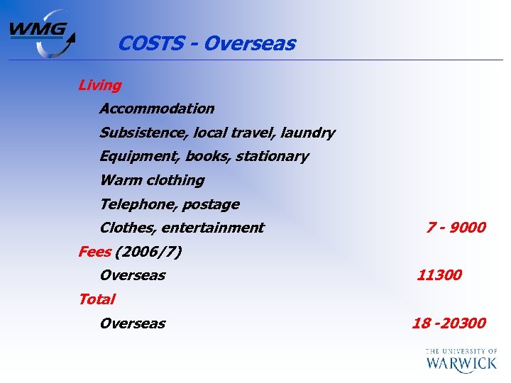 COSTS - Overseas Living Accommodation Subsistence, local travel, laundry Equipment, books, stationary Warm clothing