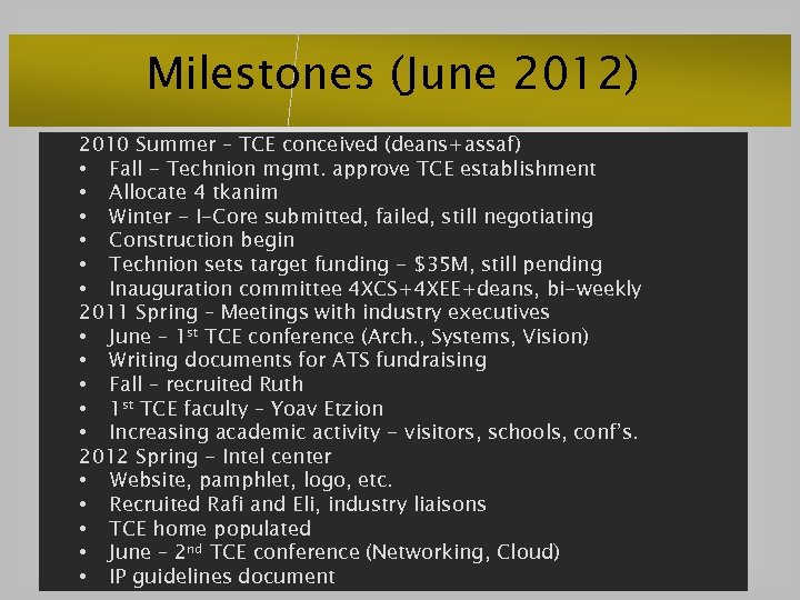 Milestones (June 2012) 2010 Summer – TCE conceived (deans+assaf) • Fall - Technion mgmt.