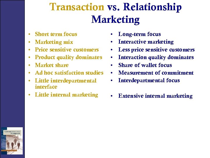 Transaction vs. Relationship Marketing • • Short term focus Marketing mix Price sensitive customers
