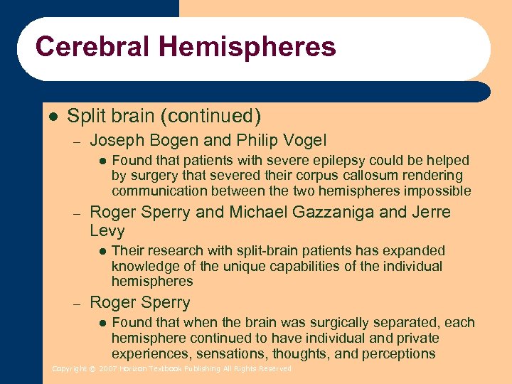 Cerebral Hemispheres l Split brain (continued) – Joseph Bogen and Philip Vogel l –