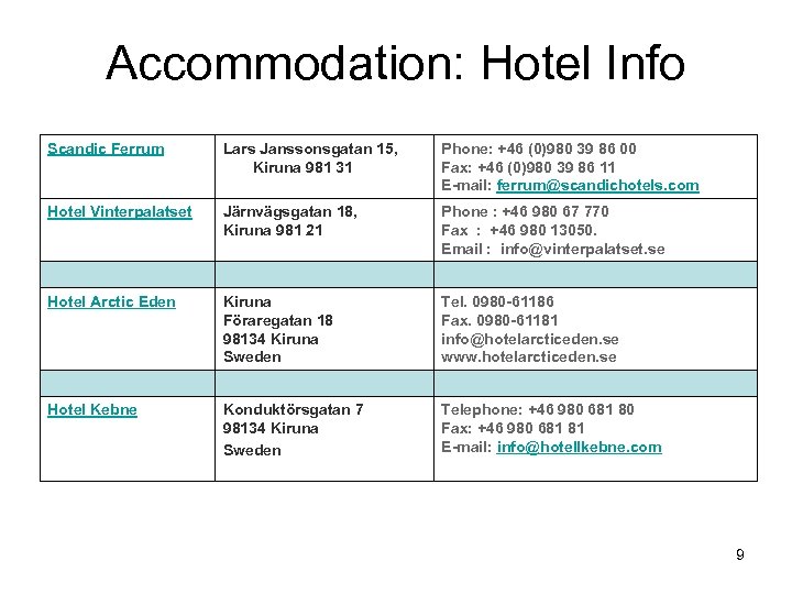 Accommodation: Hotel Info Scandic Ferrum Lars Janssonsgatan 15, Kiruna 981 31 Phone: +46 (0)980