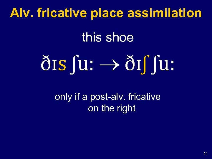 Alv. fricative place assimilation this shoe ðɪs ʃu: ðɪʃ ʃu: only if a post-alv.