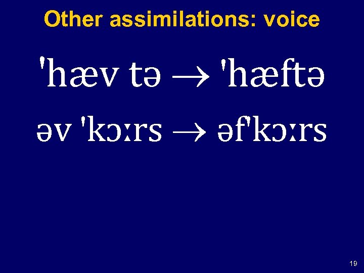 Other assimilations: voice 'hæv tə 'hæftə əv 'kɔːrs əf'kɔːrs 19 