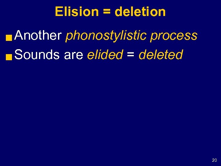 Elision = deletion Another phonostylistic process g Sounds are elided = deleted g 20