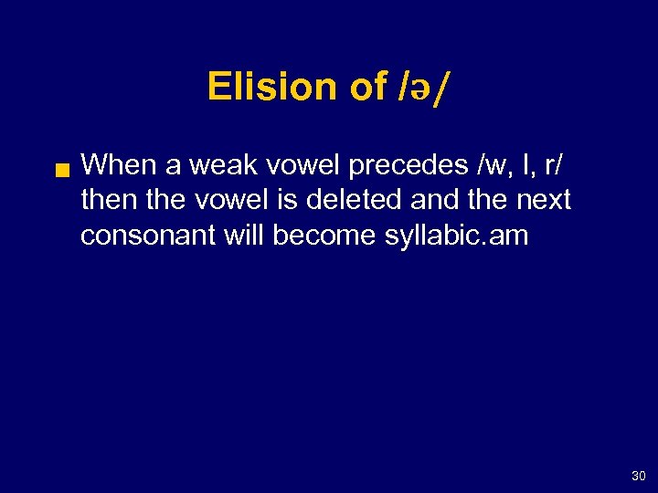 Elision of /ə/ g When a weak vowel precedes /w, l, r/ then the