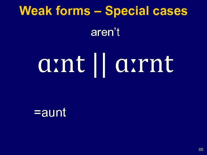 Weak forms – Special cases aren’t ɑːnt || ɑːrnt =aunt 65 