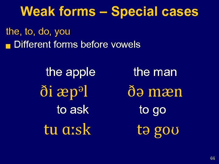 Weak forms – Special cases the, to, do, you g Different forms before vowels