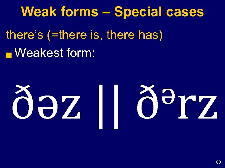 Weak forms – Special cases there’s (=there is, there has) g Weakest form: ðəz