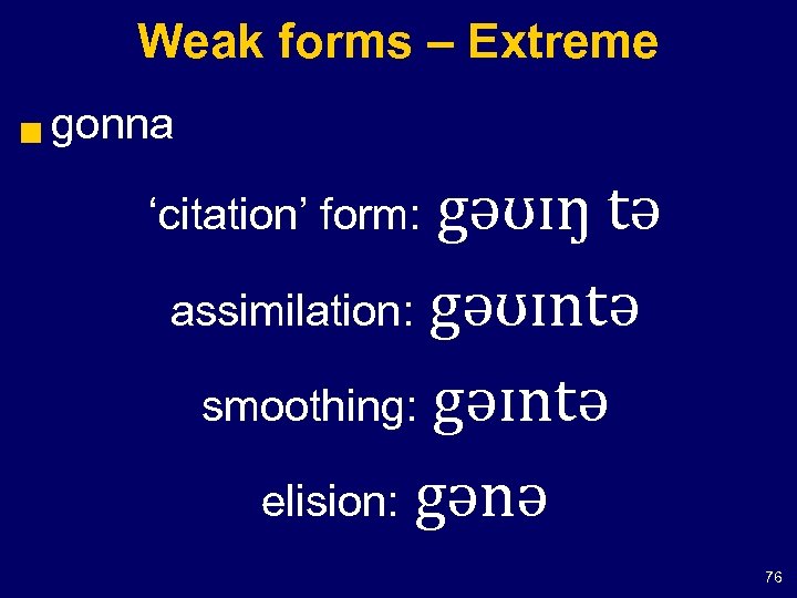 Weak forms – Extreme g gonna gəʊɪŋ tə assimilation: gəʊɪntə smoothing: gəɪntə elision: gənə