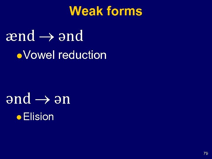 Weak forms ænd ənd l Vowel reduction ənd ən l Elision 79 