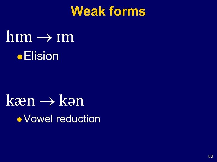 Weak forms hɪm ɪm l Elision kæn kən l Vowel reduction 80 