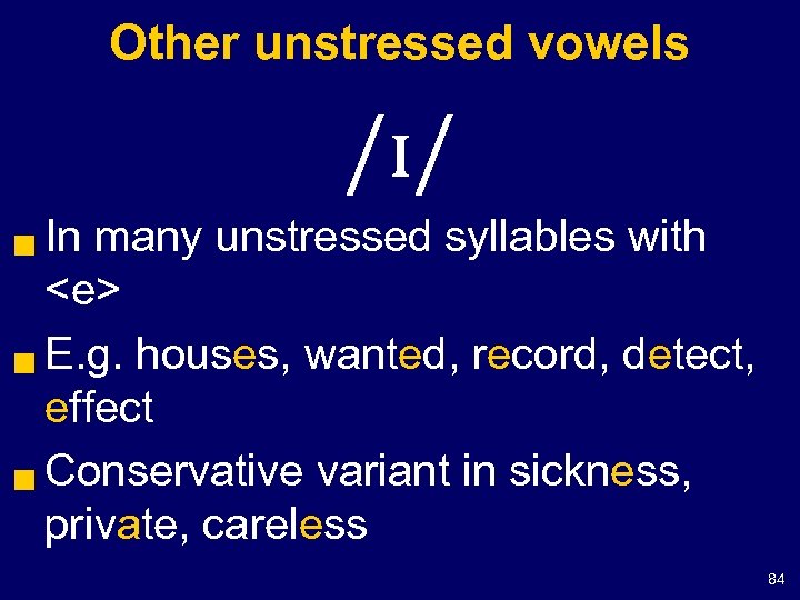 Other unstressed vowels /ɪ/ In many unstressed syllables with <e> g E. g. houses,