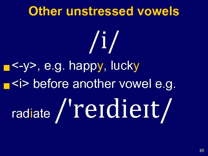 Other unstressed vowels /i/ <-y>, e. g. happy, lucky g <i> before another vowel