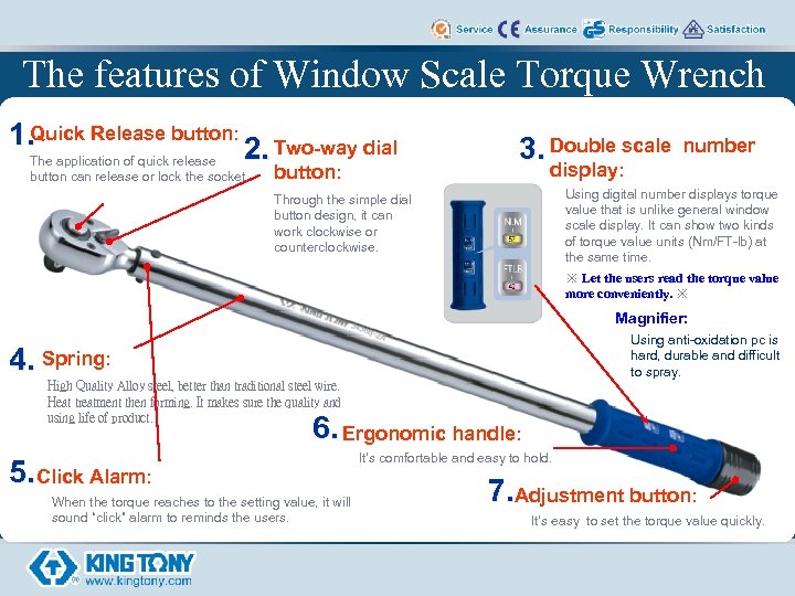 The features of Window Scale Torque Wrench 1. Quick Release button: 2. Two-way dial