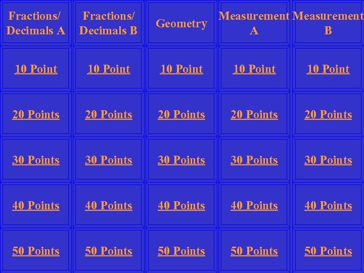 Fractions/ Decimals A Fractions/ Decimals B Measurement Geometry A B 10 Point 10 Point