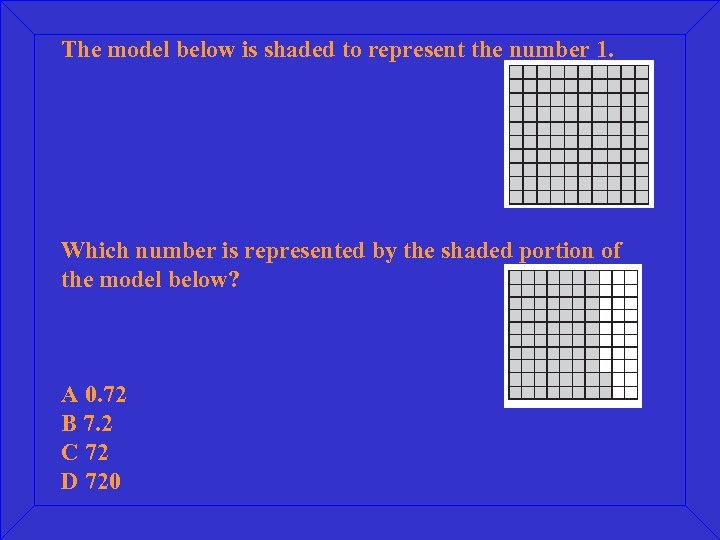 The model below is shaded to represent the number 1. Which number is represented