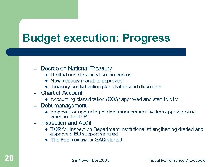 Budget execution: Progress – Decree on National Treasury l l l – Chart of