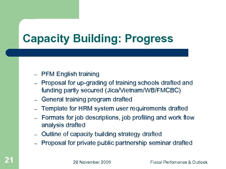 Capacity Building: Progress – – – – 21 PFM English training Proposal for up-grading