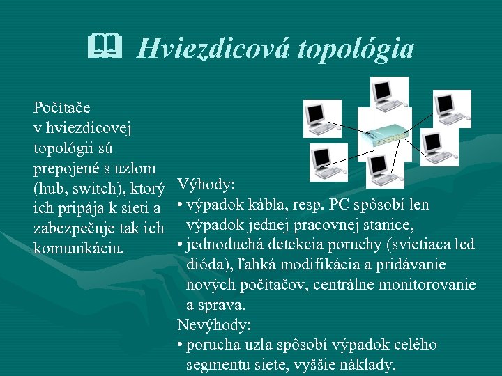 Hviezdicová topológia Počítače v hviezdicovej topológii sú prepojené s uzlom (hub, switch), ktorý