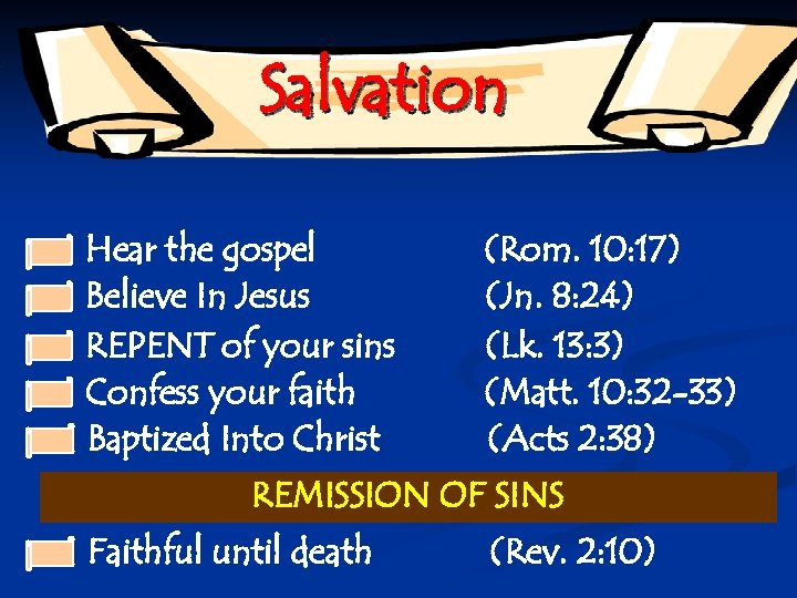 Salvation Hear the gospel Believe In Jesus REPENT of your sins Confess your faith