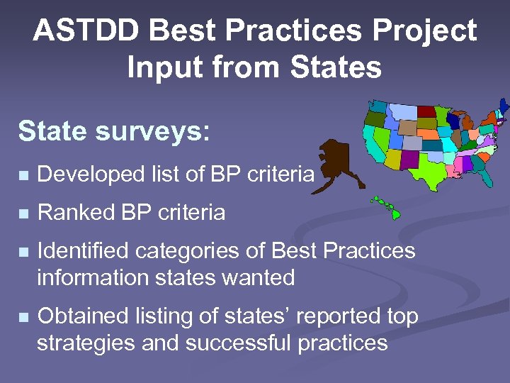 ASTDD Best Practices Project Input from States State surveys: n Developed list of BP