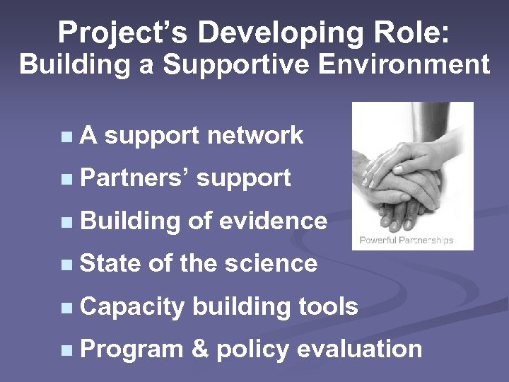 Project’s Developing Role: Building a Supportive Environment n A support network n Partners’ support
