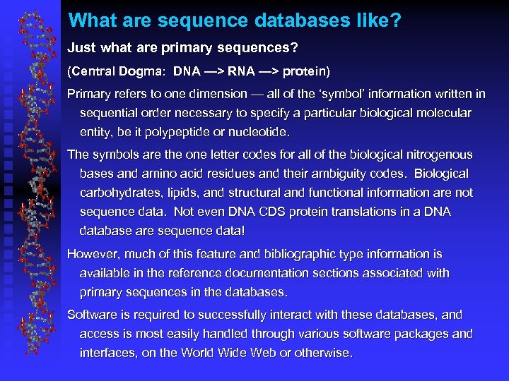 What are sequence databases like? Just what are primary sequences? (Central Dogma: DNA —>