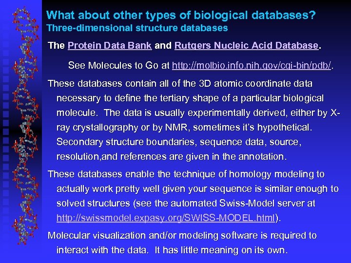 What about other types of biological databases? Three-dimensional structure databases The Protein Data Bank