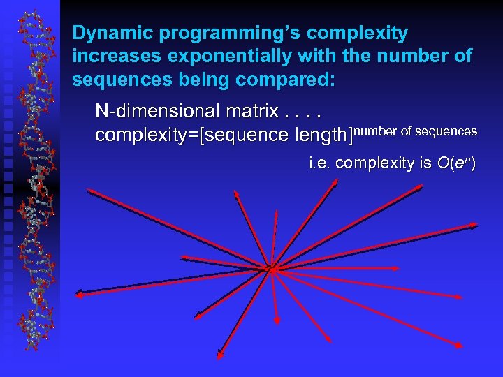 Dynamic programming’s complexity increases exponentially with the number of sequences being compared: N-dimensional matrix.