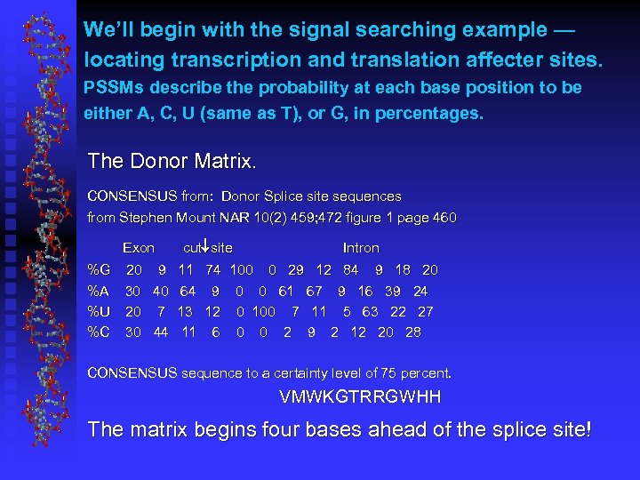 We’ll begin with the signal searching example — locating transcription and translation affecter sites.