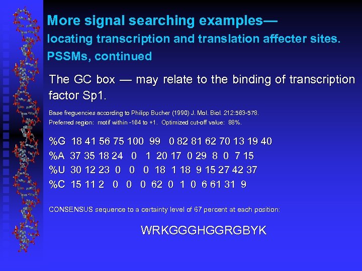 More signal searching examples— locating transcription and translation affecter sites. PSSMs, continued The GC