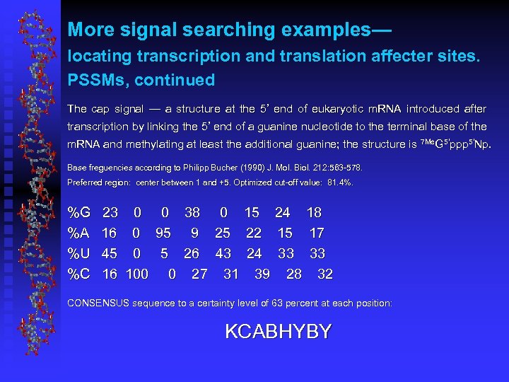 More signal searching examples— locating transcription and translation affecter sites. PSSMs, continued The cap