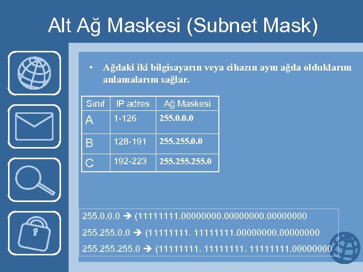 Alt Ağ Maskesi (Subnet Mask) • Ağdaki iki bilgisayarın veya cihazın aynı ağda olduklarını