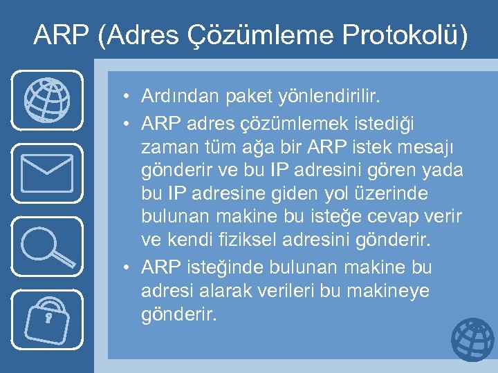 ARP (Adres Çözümleme Protokolü) • Ardından paket yönlendirilir. • ARP adres çözümlemek istediği zaman