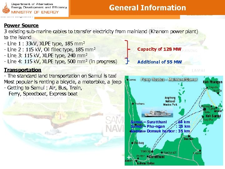 General Information Power Source 3 existing sub-marine cables to transfer electricity from mainland (Khanom